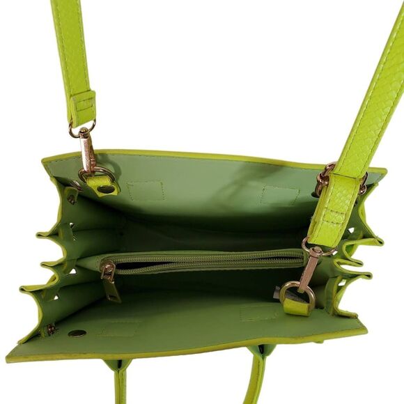 NWT PU Leather Textured Crossbody Nano Tote Bag Neon Green OS - Picture 7 of 10